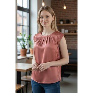 Liz Claiborne Womens S Brown Rust silk Satin Styles Sleeveless blouse shell